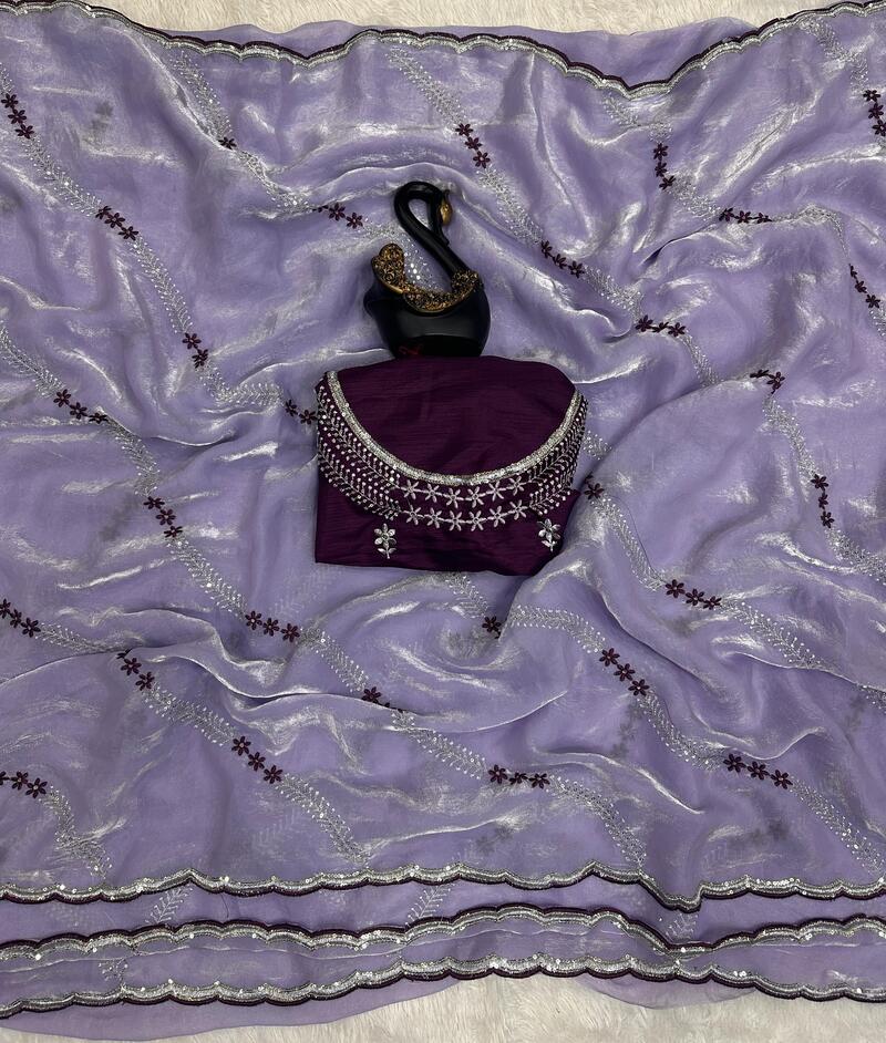 Panoply Lavender Sequence Work Fandy Silk Saree With Ethnic Blouse Piece
