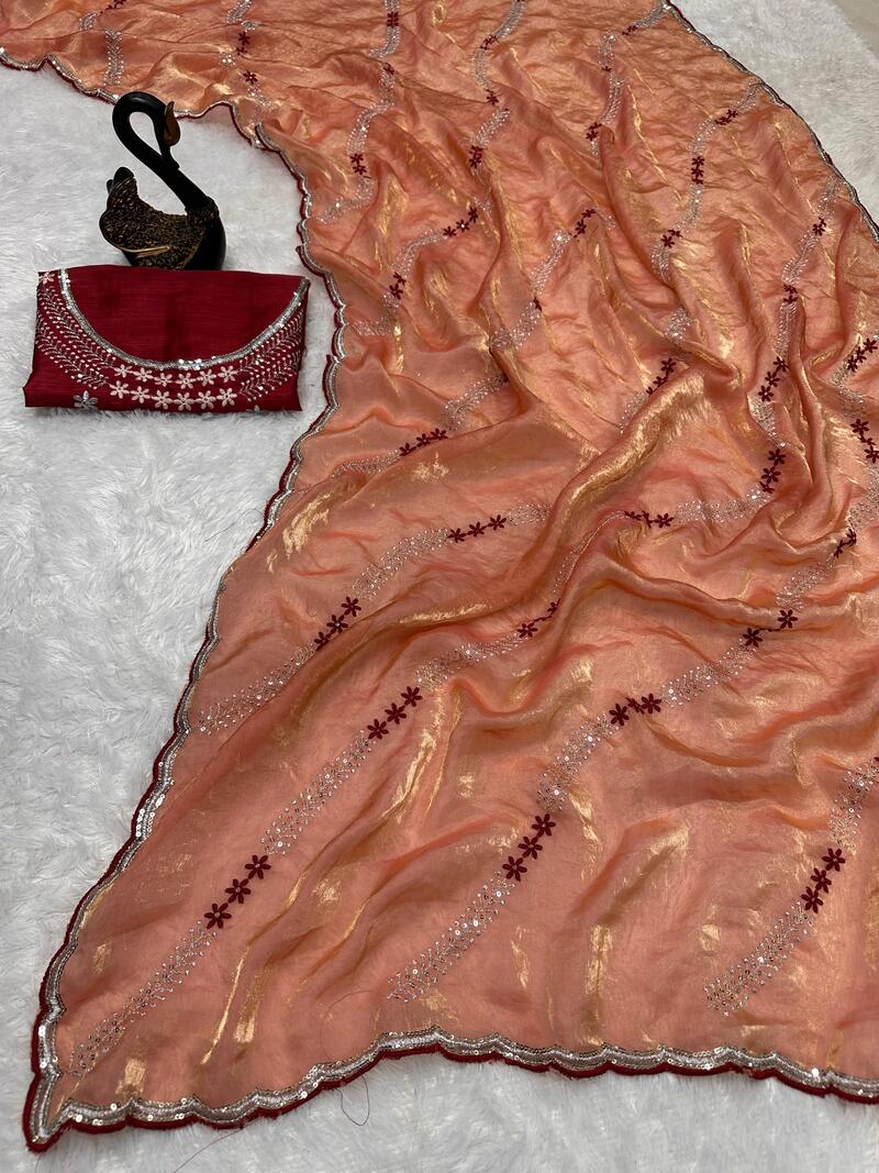 Beguiling Orange Sequence Work Fandy Silk Saree With Gratifying Blouse Piece