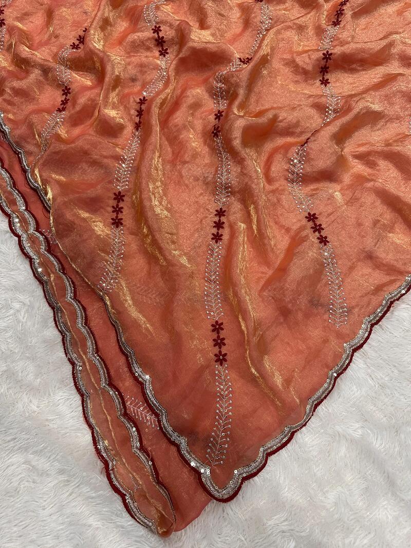 Beguiling Orange Sequence Work Fandy Silk Saree With Gratifying Blouse Piece