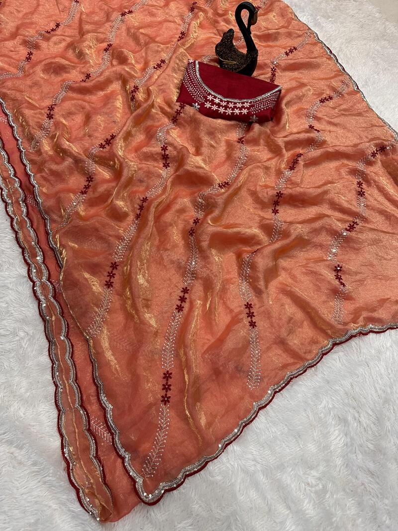 Beguiling Orange Sequence Work Fandy Silk Saree With Gratifying Blouse Piece