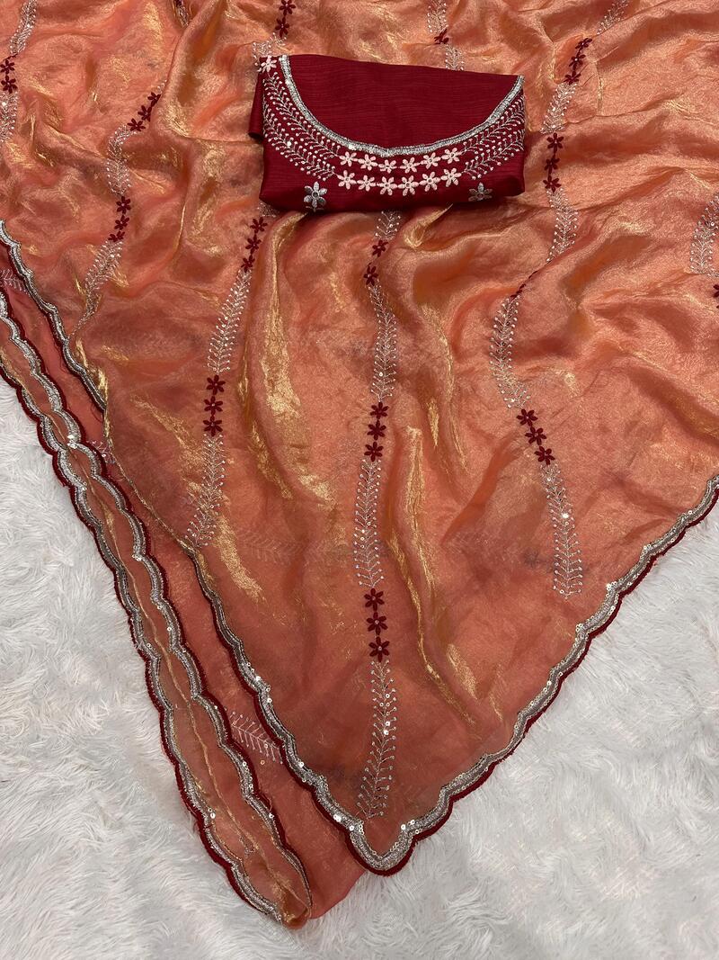 Beguiling Orange Sequence Work Fandy Silk Saree With Gratifying Blouse Piece