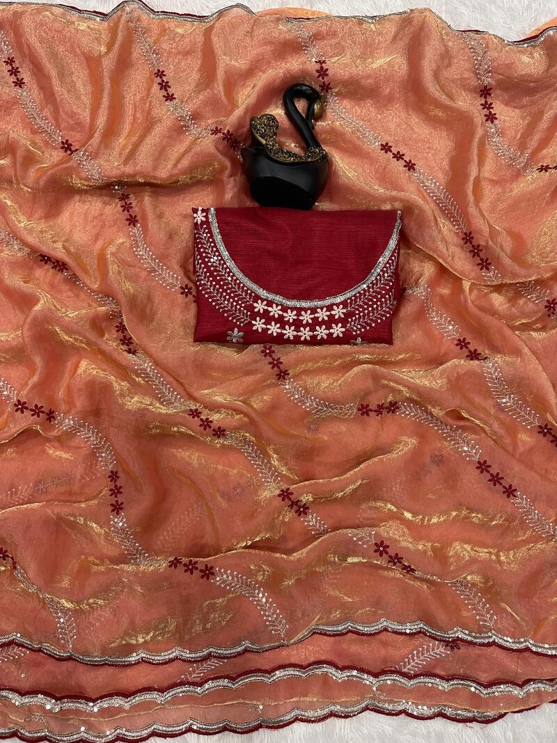 Beguiling Orange Sequence Work Fandy Silk Saree With Gratifying Blouse Piece