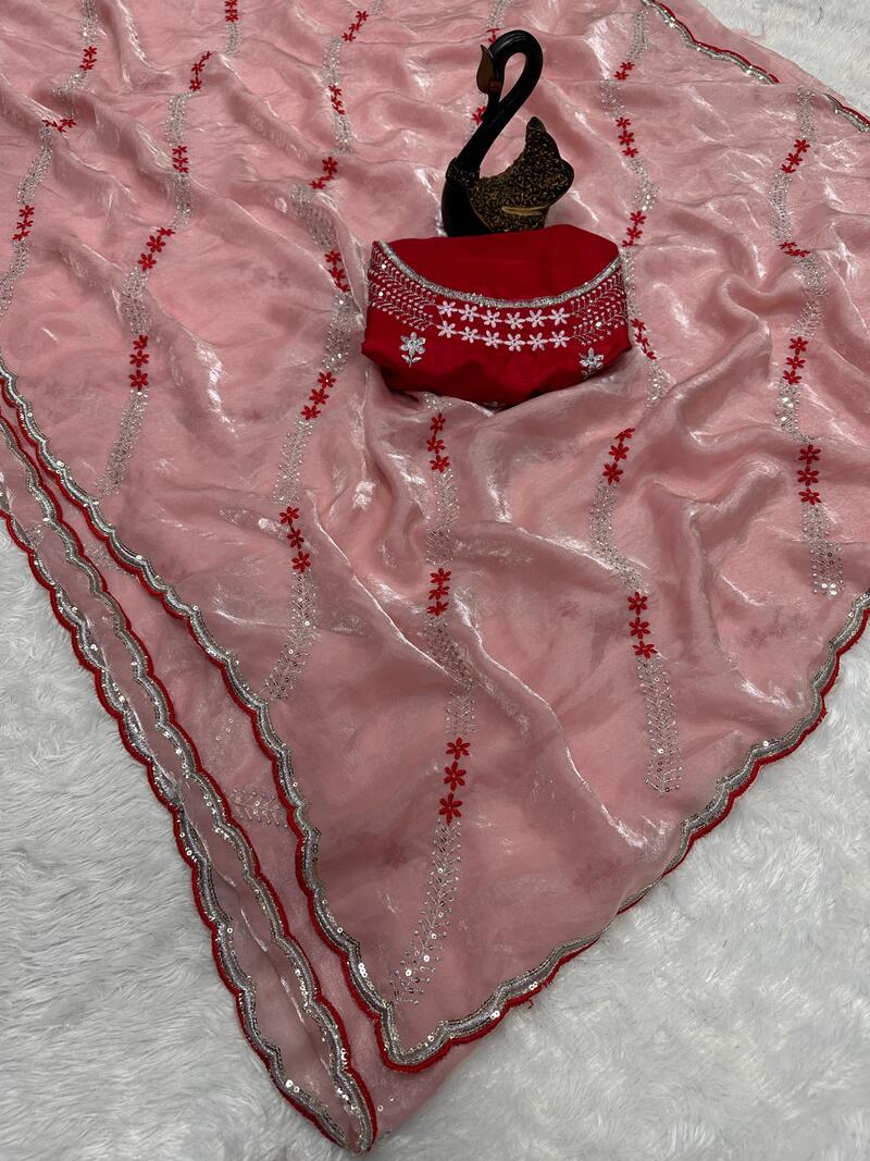 Entrancing Peach Sequence Work Fandy Silk Saree With Charismatic Blouse Piece