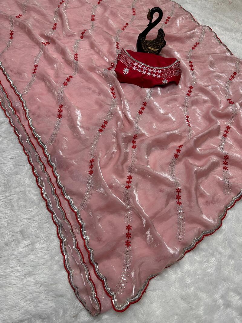 Entrancing Peach Sequence Work Fandy Silk Saree With Charismatic Blouse Piece