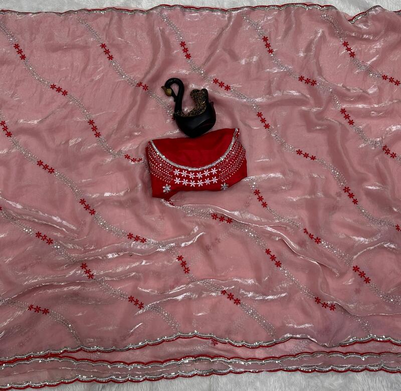 Entrancing Peach Sequence Work Fandy Silk Saree With Charismatic Blouse Piece