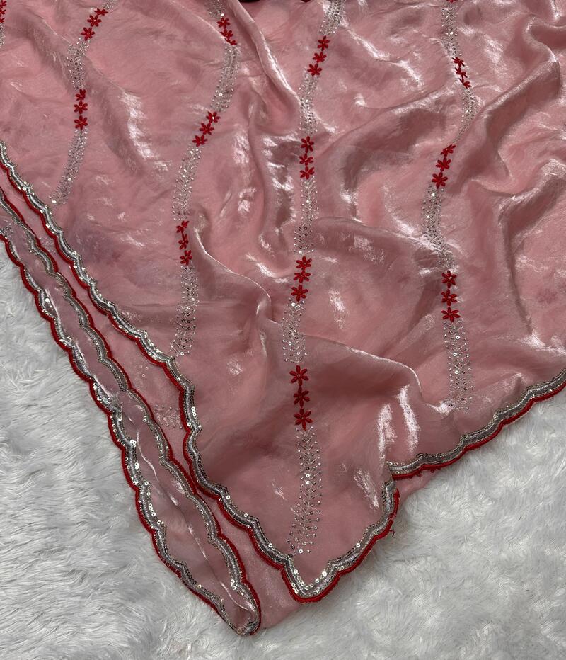 Entrancing Peach Sequence Work Fandy Silk Saree With Charismatic Blouse Piece