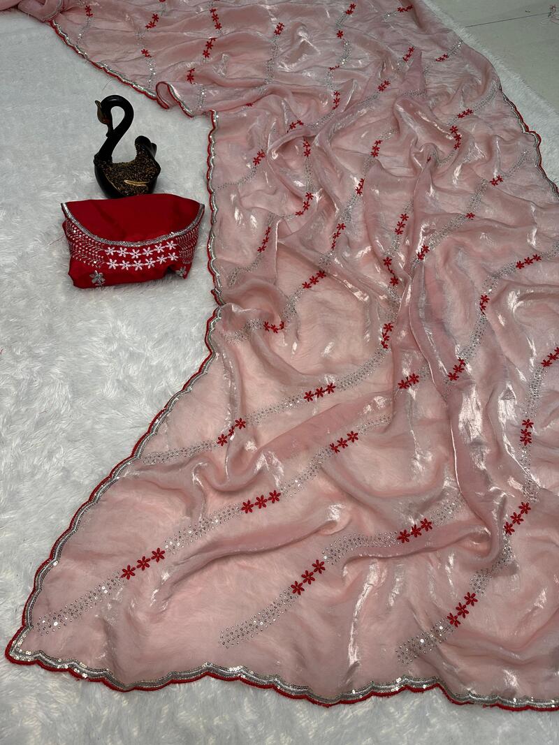 Entrancing Peach Sequence Work Fandy Silk Saree With Charismatic Blouse Piece