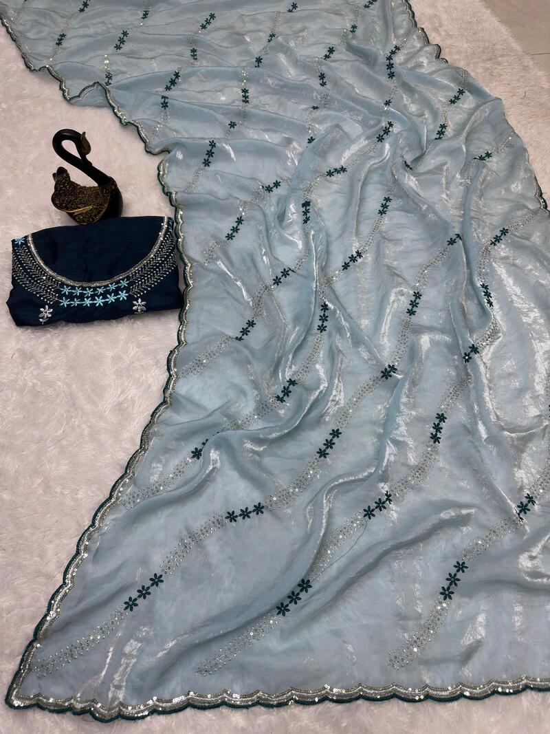 Fairytale Sky Sequence Work Fandy Silk Saree With Exuberant Blouse Piece