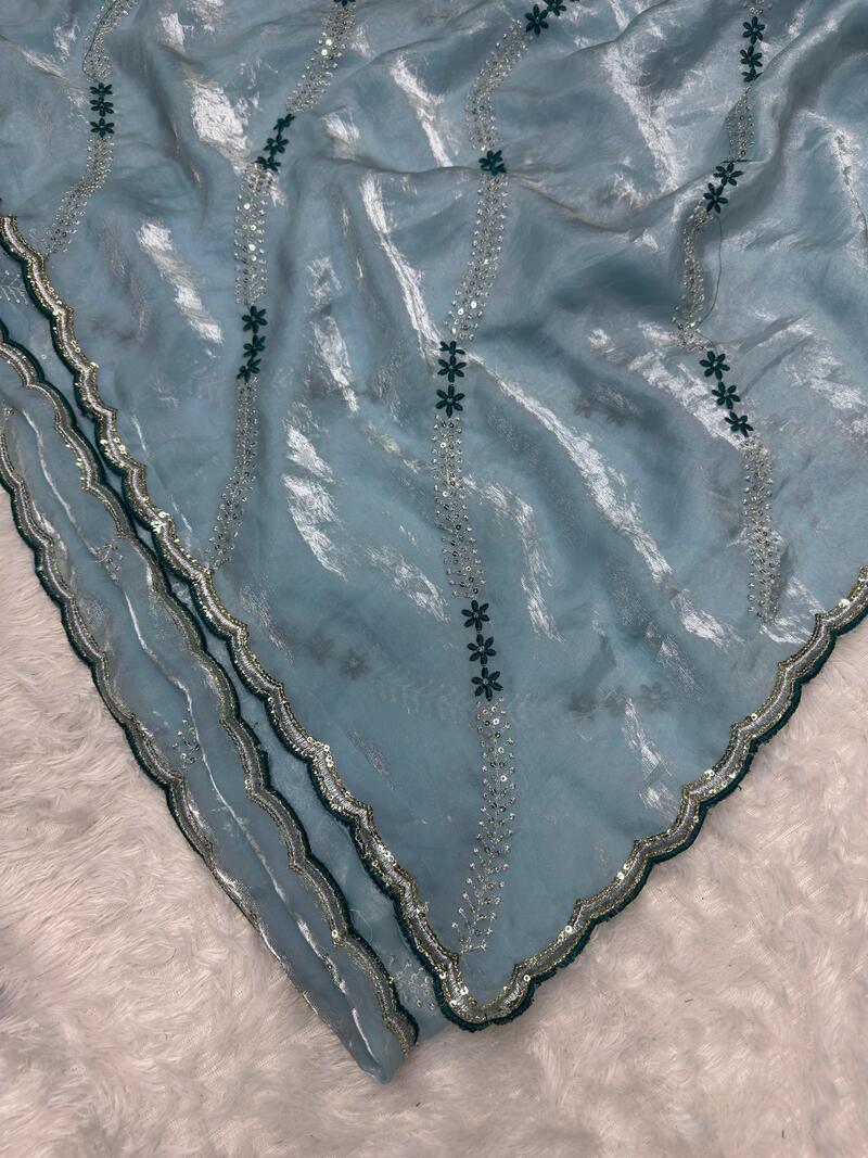 Fairytale Sky Sequence Work Fandy Silk Saree With Exuberant Blouse Piece