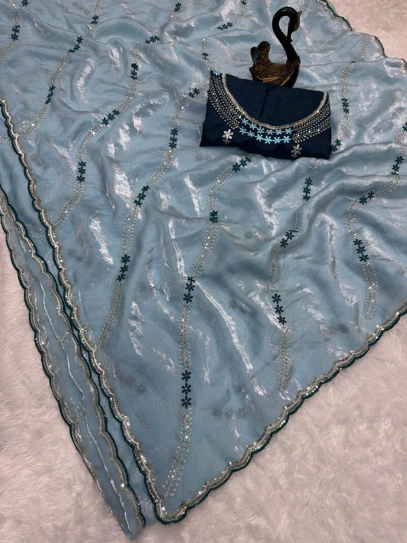 Fairytale Sky Sequence Work Fandy Silk Saree With Exuberant Blouse Piece