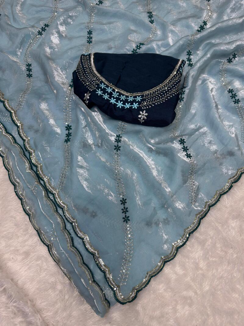 Fairytale Sky Sequence Work Fandy Silk Saree With Exuberant Blouse Piece