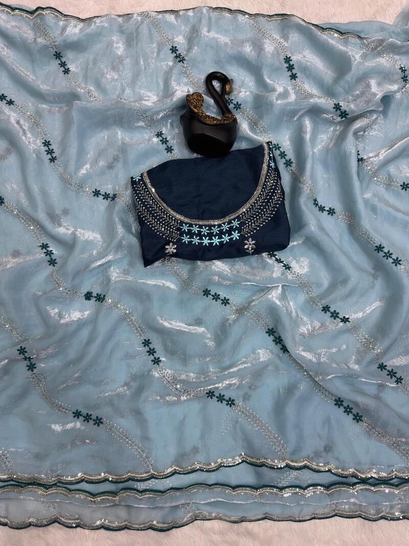 Fairytale Sky Sequence Work Fandy Silk Saree With Exuberant Blouse Piece