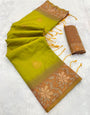 Proficient Mehndi Soft Banarasi Silk Saree With Lassitude Blouse Piece