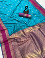 Murmurous Firozi Soft Banarasi Kathpadar Silk Saree With Elaborate Blouse Piece