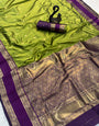 Stunning Mehndi Soft Banarasi Kathpadar Silk Saree With Fairytale Blouse Piece
