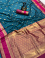 Dazzling Teal Blue Soft Banarasi Kathpadar Silk Saree With Denouement  Blouse Piece
