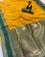 Dulcet Yellow Soft Banarasi Kathpadar Silk Saree With Sempiternal Blouse Piece