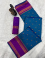 Flamboyant Teal Blue Soft Banarasi Silk Saree With Breathtaking Blouse Piece