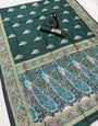 Ornate Dark Green Soft Banarasi Silk Saree With Flameboyant Blouse Piece