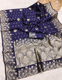 Lustrous Navy Blue Soft Silk Saree With Bucolic Blouse Piece