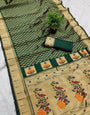 Sonorous Dark Green Paithani Silk Saree With Ethereal Blouse Piece