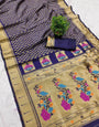 Majesty Navy Blue Paithani Silk Saree With Effulgent Blouse Piece