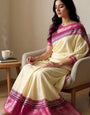 Tantalizing Beige Digital Printed Dola Silk Saree With Divine Blouse Piece