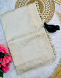 Blooming Off White Embroidery Work Tussar Silk Saree With Fragrant Blouse Piece
