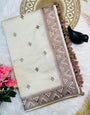Pleasant Off White Embroidery Work Tussar Silk Saree With Gleaming Blouse Piece