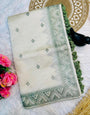 Exuberant Off White Embroidery Work Tussar Silk Saree With Twirling Blouse Piece