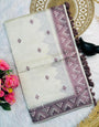 Demanding Off White Embroidery Work Tussar Silk Saree With Exquisite Blouse Piece
