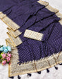 Gratifying Navy Blue Embroidery Work Tussar Silk Saree With Impressive Blouse Piece