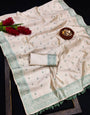 Moiety Off White Embroidery Work Tussar Silk Saree With Glittering Blouse Piece