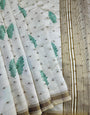 Inspiring Off White Embroidery Work Tussar Silk Saree With Vestigial Blouse Piece