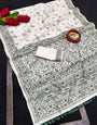 Preferable Off White Embroidery Work Tussar Silk Saree With Splendorous Blouse Piece