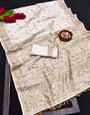 Ebullience Off White Embroidery Work Tussar Silk Saree With Adorable Blouse Piece