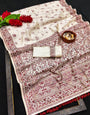 Scrumptious Off White Embroidery Work Tussar Silk Saree With Dazzling Blouse Piece