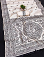 Appealing Off White Embroidery Work Tussar Silk Saree With Invaluable Blouse Piece