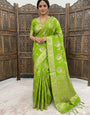 Staggering Parrot Banarasi Dola Silk Saree With Efflorescence Blouse Piece