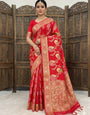 Stunner Red Banarasi Dola Silk Saree With Admirable Blouse Piece