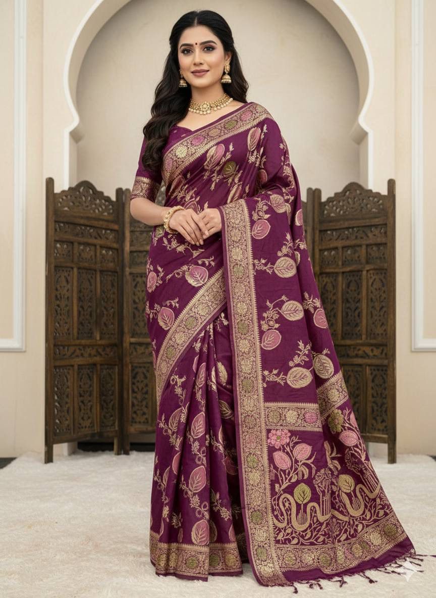 Beleaguer Wine Banarasi Dola Silk Saree With Sonorous Blouse Piece ...