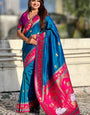 Demanding Blue Banarasi Pichwai Silk Saree With Ailurophile Blouse Piece