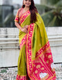 Engrossing Mehndi Banarasi Pichwai Silk Saree With Lassitude Blouse Piece