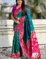 Outstanding Rama Banarasi Pichwai Silk Saree With Verdant Blouse Piece