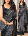 Lustrous Black Digital Printed Dola Silk Saree With Beleaguer Blouse Piece