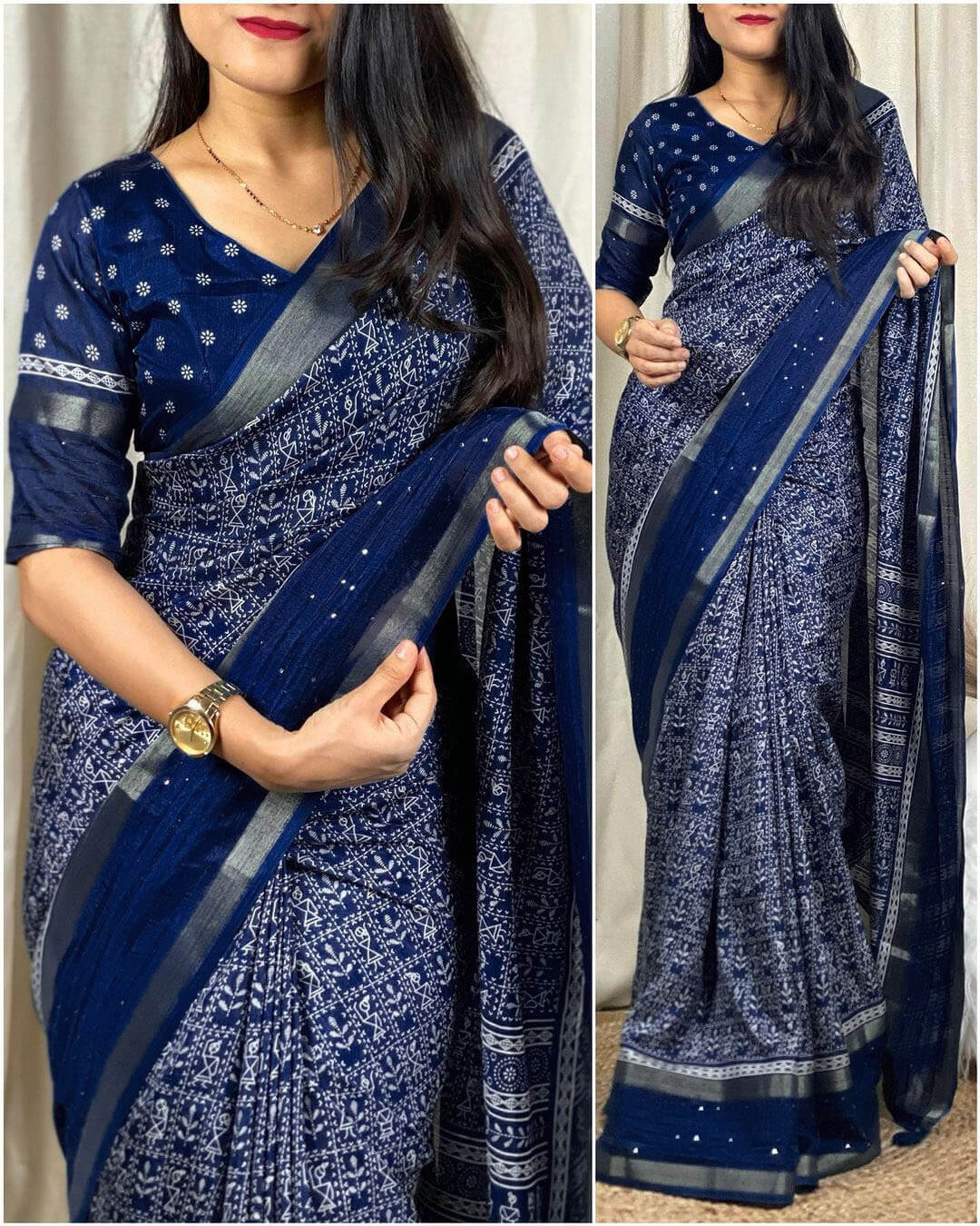 Posh Blue Digital Printed Dola Silk Saree With Ailurophile Blouse Piece