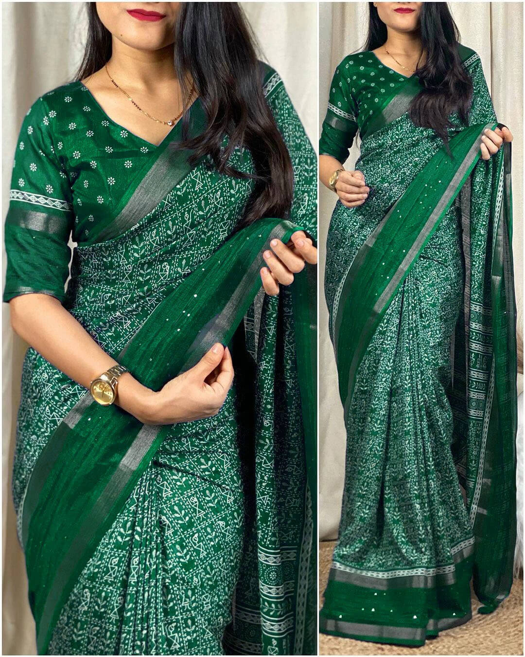 Alluring Dark Green Digital Printed Dola Silk Saree With Surreptitious Blouse Piece