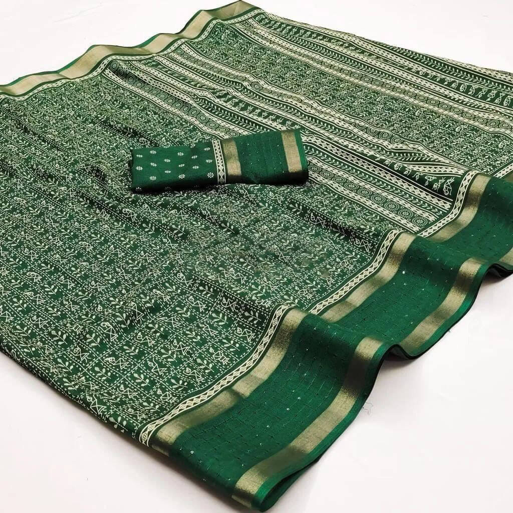 Alluring Dark Green Digital Printed Dola Silk Saree With Surreptitious Blouse Piece