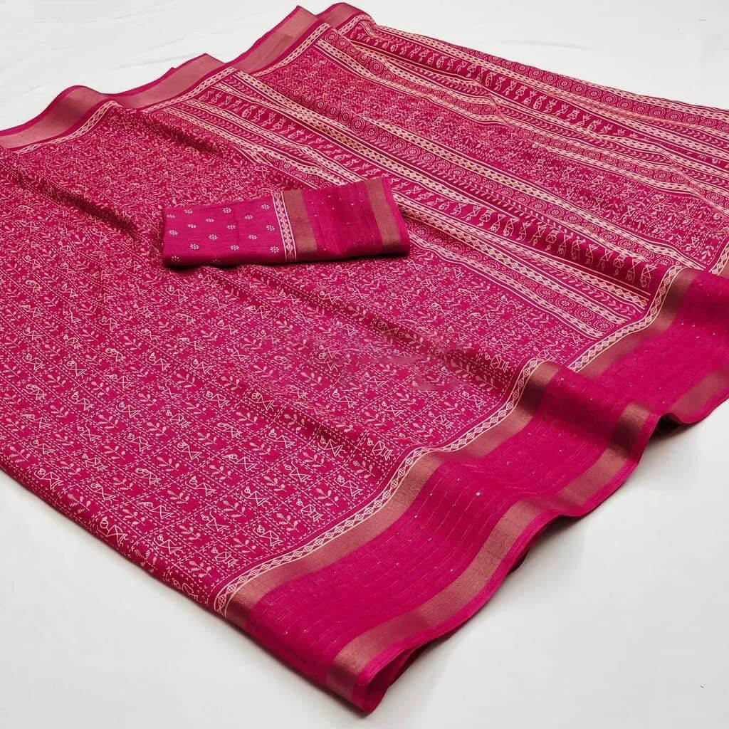 Gorgeous Dark Pink Digital Printed Dola Silk Saree With Sumptuous Blouse Piece