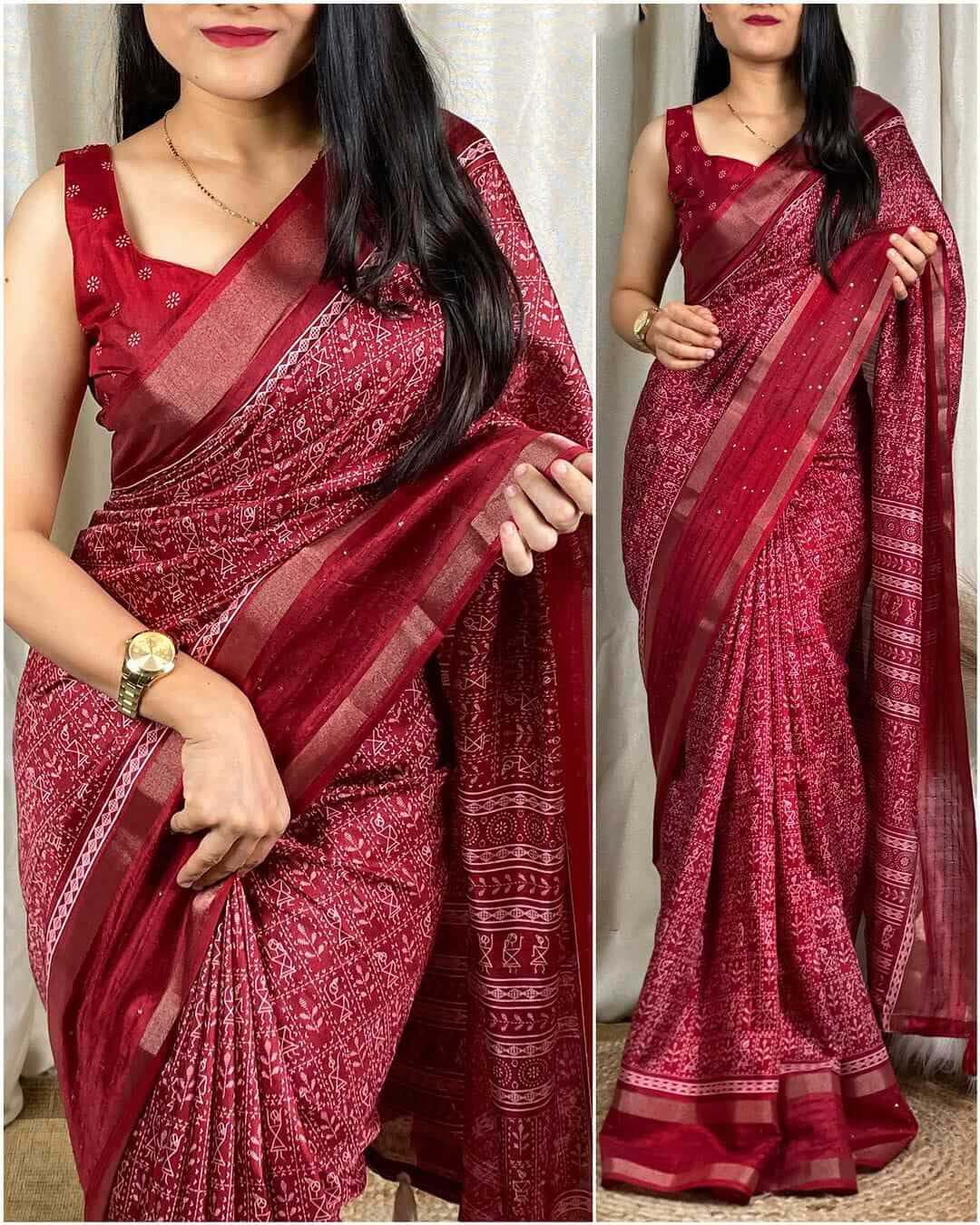 Rhapsody Maroon Digital Printed Dola Silk Saree With Assemblage Blouse Piece